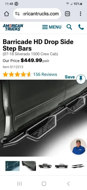 Barricade 840265298695 6 Inch Running Board For 2007-2018 Chevy Silverado 1500 Crew Cab Drop Side Step Bars